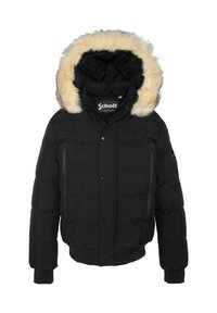 Sort dunjakke med aftagelig hætte i imiteret pels, lynlåse og trykknapper samt sidelommer. Struktureret, isolerende stof.