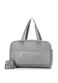 Sac de voyage gris résistant à l'eau et doté de la technologie RFID, avec des poignées supérieures doubles, une bandoulière ajustable, une poche zippée à l'avant et un design élégant et texturé.