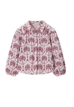 Chemise blanche à manches longues avec motifs de palmiers rouges, poignets élastiques et col, conçue pour les enfants.