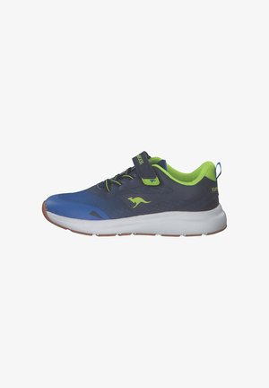 Blue and black athletic shoe with a green accent, textured fabric upper, adjustable strap, and cushioned white sole with a tan rubber outsole.