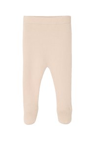 Weiche beige Strickbabyleggins mit Fußabdeckungen, ausgestattet mit gerippten Bündchen und einem elastischen Bund.