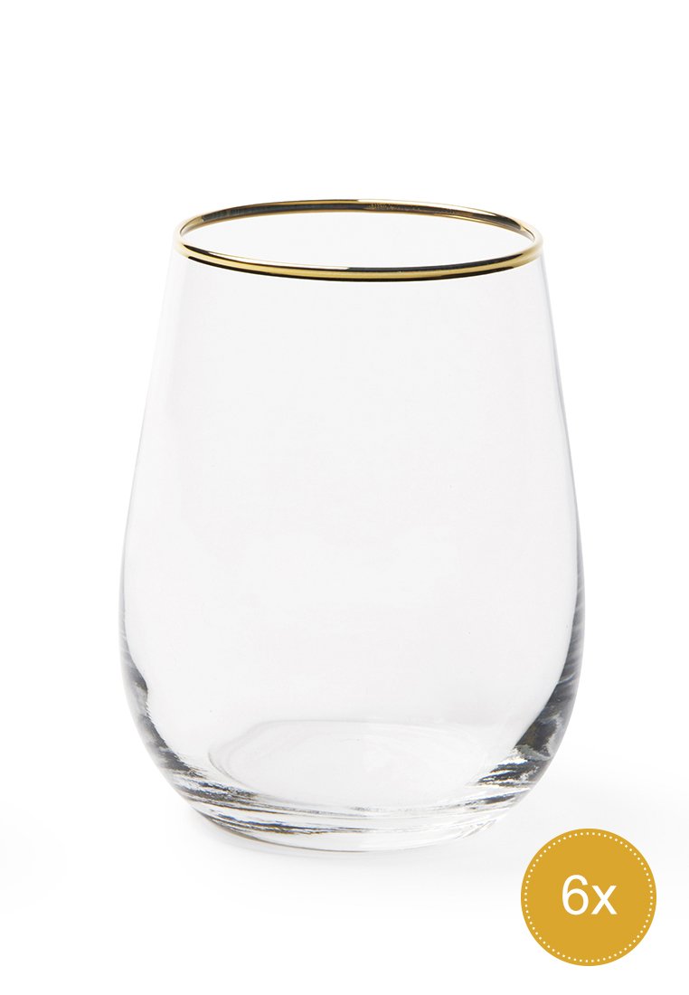 Klares Glastumbler mit einem goldenen Rand; leicht konisch geformt mit einer glatten Oberfläche. Verkauft im Set von sechs.