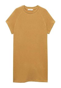 Tricou cu mânecă scurtă, de culoare muștar, dintr-un amestec de bumbac. Dispune de un gât clasic rotund și o croială lejeră cu mâneci raglan. Textură netedă.