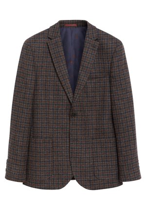 Herenblazer met een enkele knoop, uitgevoerd in een bruin-grijs ruitpatroon, voorzien van een inkeping aan de revers en twee lagere voorzakken.