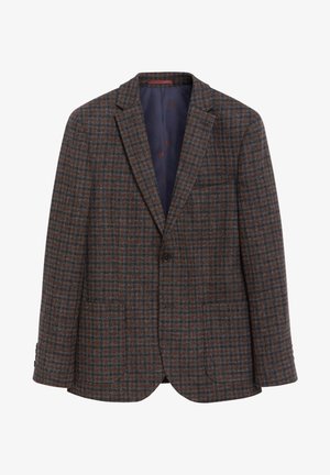 Męska marynarka na jeden guzik w brązowo-szary wzór w kratę, z wyciętymi klapami i dwoma dolnymi kieszeniami z przodu.