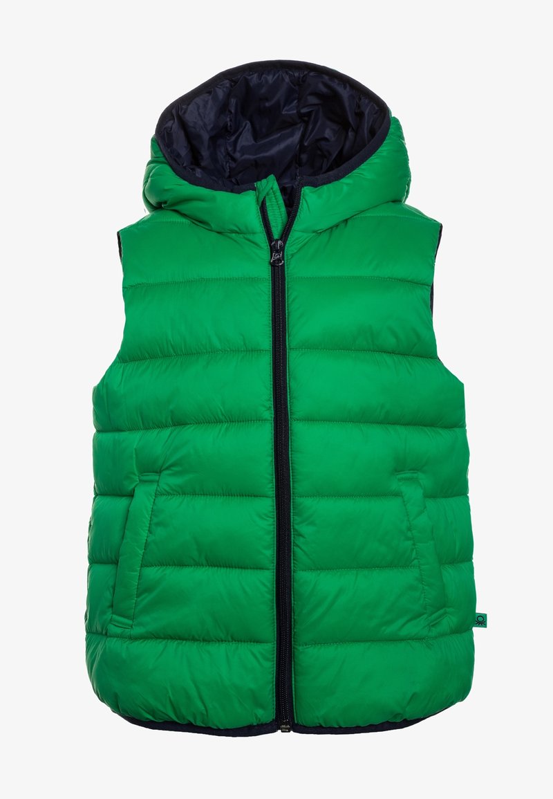 Green puffer vest with a hood, featuring horizontal quilted texture, zip front, and side pockets. The interior is navy blue.