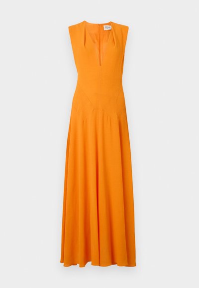 Long, sleeveless dress in bright orange fabric with a deep V-neckline, fitted bodice, and flared skirt. Seam detailing on the bodice.