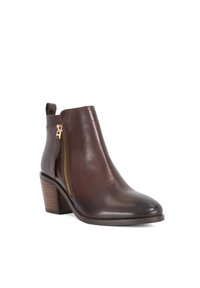Brown leather ankle boot with a pointed toe, side zipper, and a stacked heel. Smooth texture with a glossy finish.
