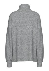Pull en laine gris clair à col roulé avec manches longues et poignets et ourlet côtelés, montré de dos sur fond blanc.
