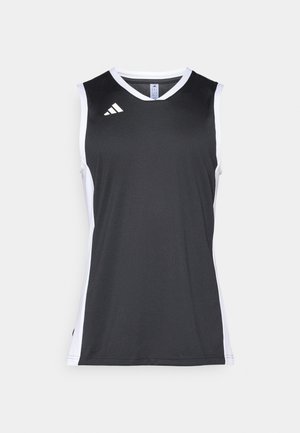 Schwarzes ärmelloses Sportshirt mit weißen Seitenpanelen, V-Ausschnitt und drei weißen Streifen auf der linken Schulter. Glatte Textur, atmungsaktiver Stoff.