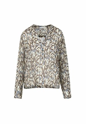 Blouse met lange mouwen in gedempte blauw-, bruin- en witte abstracte dierenprint, met drie blauwe knopen op het voorste beleg.