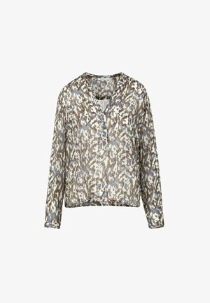 Blouse met lange mouwen in gedempte blauw-, bruin- en witte abstracte dierenprint, met drie blauwe knopen op het voorste beleg.