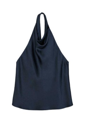 Tmavomodrý tielkový top s drapovaným výstrihom do krku a hladkým, hodvábnym povrchom látky.