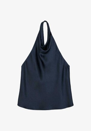 Tmavomodrý tielkový top s drapovaným výstrihom do krku a hladkým, hodvábnym povrchom látky.