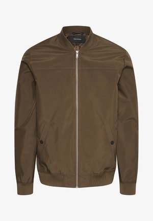 Pruun bomber-jakk, millel on ees lukk, soonikust mansetid ja hem ning kaks küljetaskut. Sile kangas kerge läikega ja ilma nähtavate mustriteta.