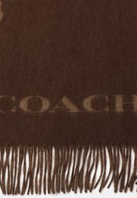 Brun uldsjaal med frynsekanter og subtilt "COACH" logo vævet nær nederste kant.