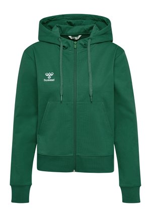 Zielona, rozpinana bluza z kapturem, wykonana z miękkiego materiału, z regulowanym kapturem, kieszeniami z przodu oraz małym białym logo na lewej piersi.