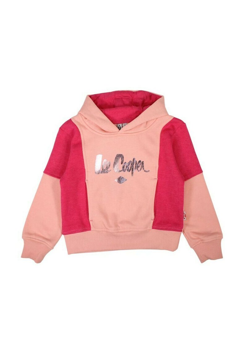 Sweat à capuche à manches longues rose et rouge avec l'inscription "Lee Cooper" en métal sur la poitrine, poignets et taille côtelés.