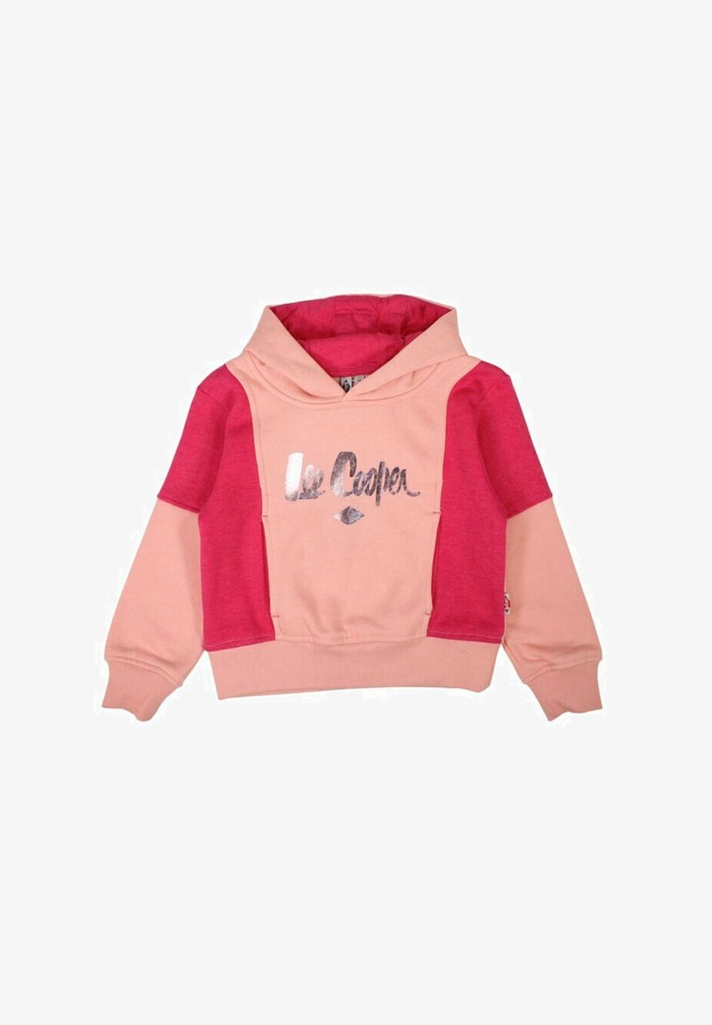Sweat à capuche à manches longues rose et rouge avec l'inscription "Lee Cooper" en métal sur la poitrine, poignets et taille côtelés.