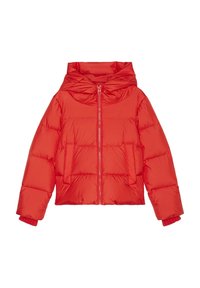 Czerwona kurtka puchowa z kapturem, z zapięciem na zamek z przodu, bocznymi kieszeniami, pikowanym wzorem i ściągaczami przy mankietach dla ciepła i komfortu.