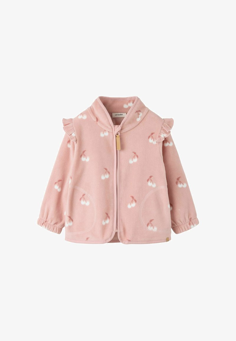 Vaaleanpunainen fleece-toddler-takki, jossa valkoiset kirsikkakuviot, vetoketju edessä, röyhelöiset olkatiedot ja joustavat hihansuut.