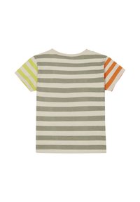 Gestreepte t-shirt in lichtbeige, met grijze, groene en oranje strepen op de mouwen. Gemaakt van katoen, met een ronde hals en korte mouwen.