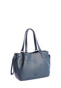 Bolso de cuero azul con doble asa, forma rectangular y un logo sutil en la parte frontal, mostrado sobre un fondo blanco.