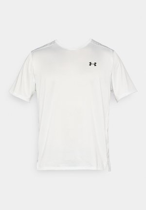 White short-sleeve athletic t-shirt made of lightweight fabric, featuring a black logo on the left chest and contrasting shoulder accents.