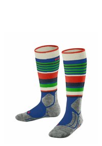 Calze alte fino al ginocchio con strisce multicolori in rosso, verde, blu e crema, con punta e tallone rinforzati in grigio, realizzate in tessuto testurizzato.