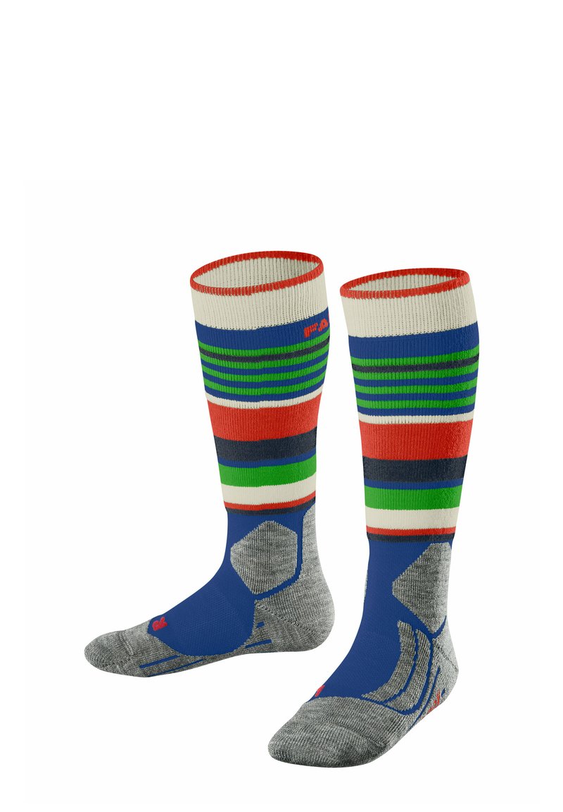 Calze alte fino al ginocchio con strisce multicolori in rosso, verde, blu e crema, con punta e tallone rinforzati in grigio, realizzate in tessuto testurizzato.