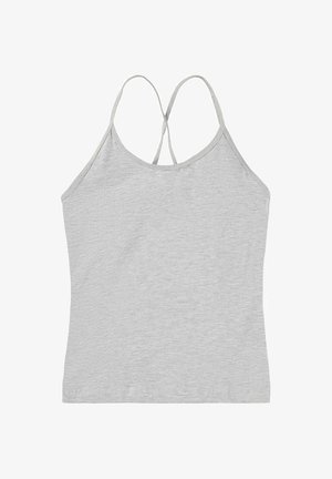 Débardeur en coton gris avec des bretelles fines, un col rond et une texture lisse. Présente un design simple et une coupe classique.