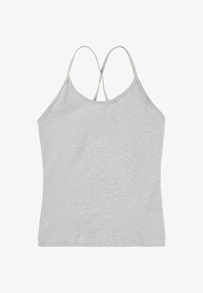 Canottiera grigia in cotone con spalline sottili, scollo rotondo e una texture liscia. Presenta un design semplice e una vestibilità classica.
