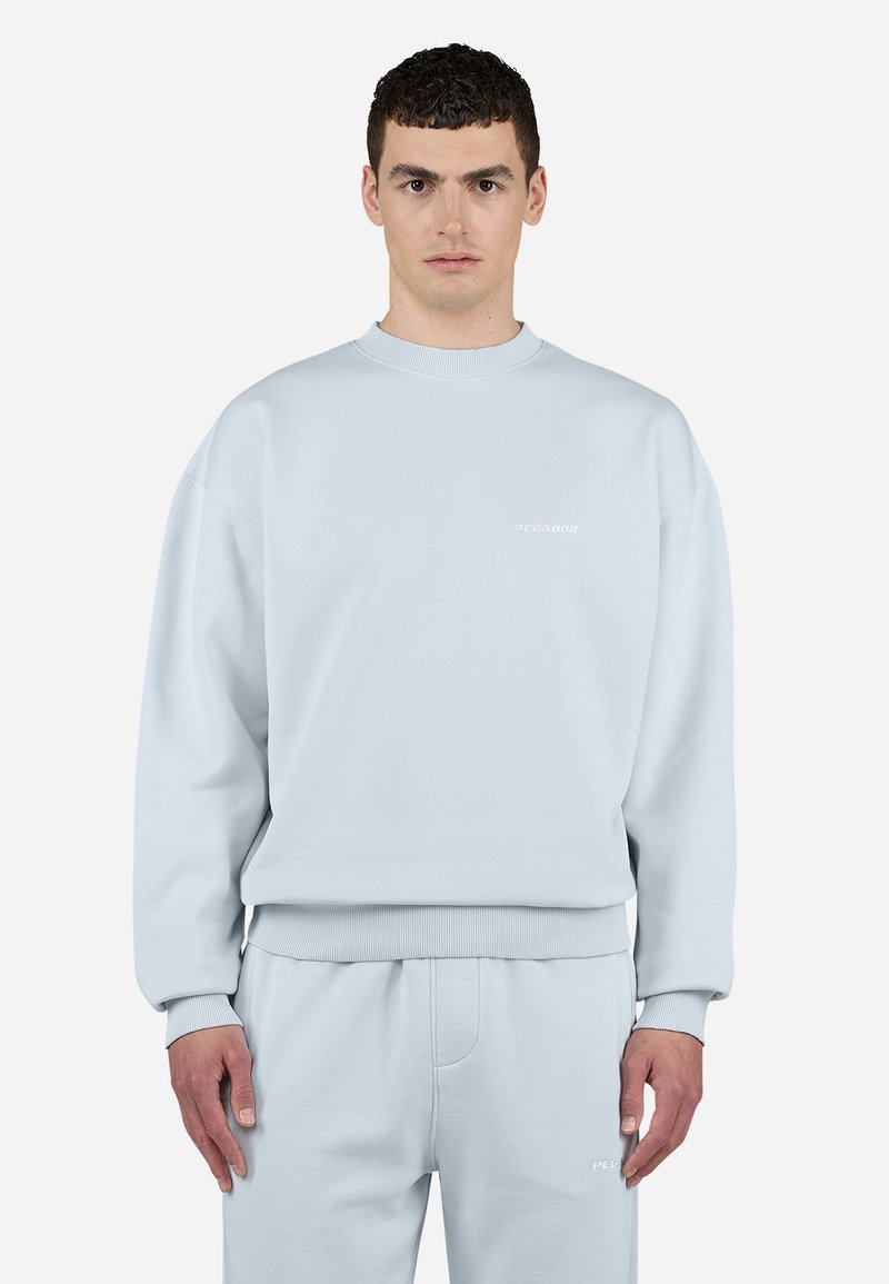 Lyseblå sweatshirt med ribbet rund hals og manchetter, og et lille, hvidt "PEGADOR" logo på brystet, lavet af blødt stof.