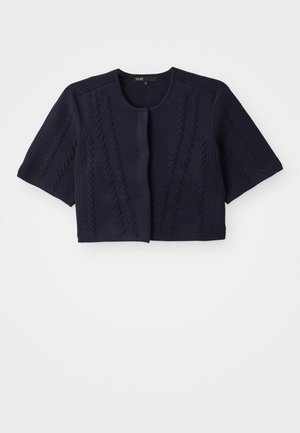 Marineblauer, verkürzter Cardigan aus Strickstoff. Mit kurzen Ärmeln, rundem Halsausschnitt und strukturierten Details an der Vorderseite.