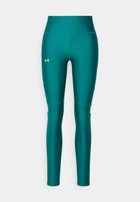Leggings turchesi a vita alta, realizzati in materiale elasticizzato. Presentano dettagli verde chiaro e un piccolo logo sul lato superiore sinistro.