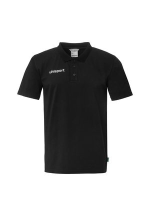 Polo noir à manches courtes avec trois boutons et logo "uhlsport" blanc sur la poitrine gauche.