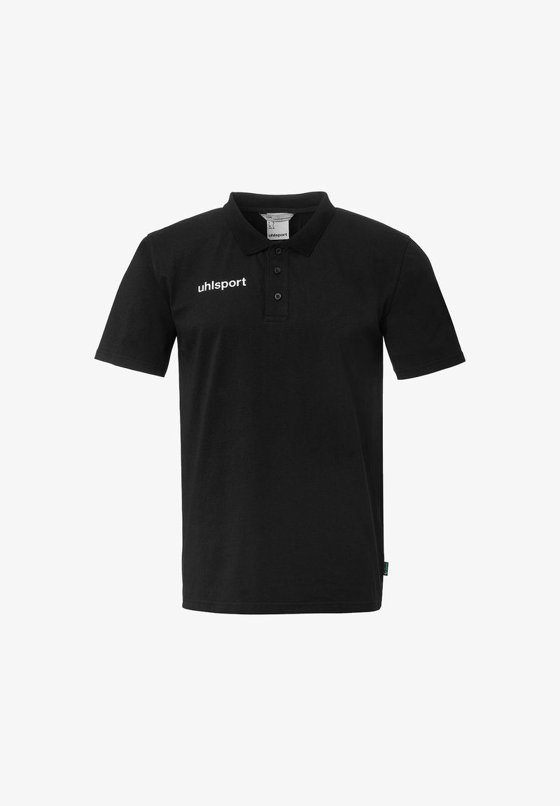 Polo noir à manches courtes avec trois boutons et logo "uhlsport" blanc sur la poitrine gauche.