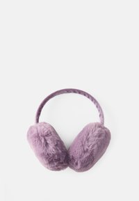 Cuffie per le orecchie in pile viola con imbottitura morbida e pelosa e una fascia rivestita in tessuto abbinato. La forma rotonda offre una copertura completa delle orecchie.