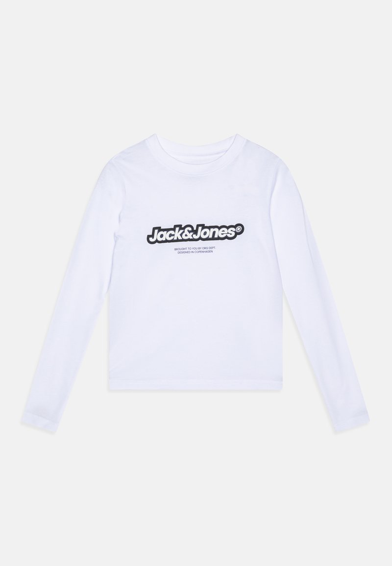 Fehér, hosszú ujjú pamut póló, elülső részén fekete grafikai logóval "Jack & Jones" felirattal, alatta további szöveggel.