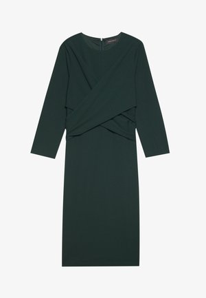 Vestido verde-escuro de mangas longas com um design cruzado na frente e um fecho oculto nas costas. Tecido suave e silhueta ajustada.