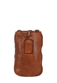 Braune Lederbeuteltasche mit runder Form, ausgestattet mit einem oberen Reißverschluss und einer kleinen Schlaufe. Die Oberfläche hat ein weiches, strukturiertes Finish.