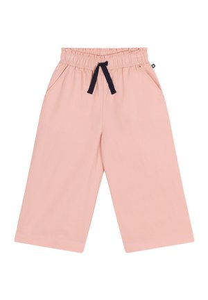 Helle rosa weite Hosen mit elastischem Bund, dunkelblauem Kordelzug und Seitentaschen. Glattes Material mit einfachen Nähdetails.