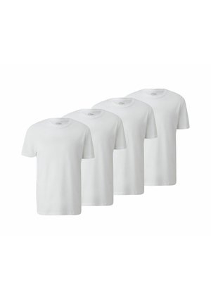 Vier einfarbige weiße T-Shirts mit kurzen Ärmeln und runden Halsausschnitten, aus Baumwollstoff gefertigt, in einer Reihe ausgestellt.