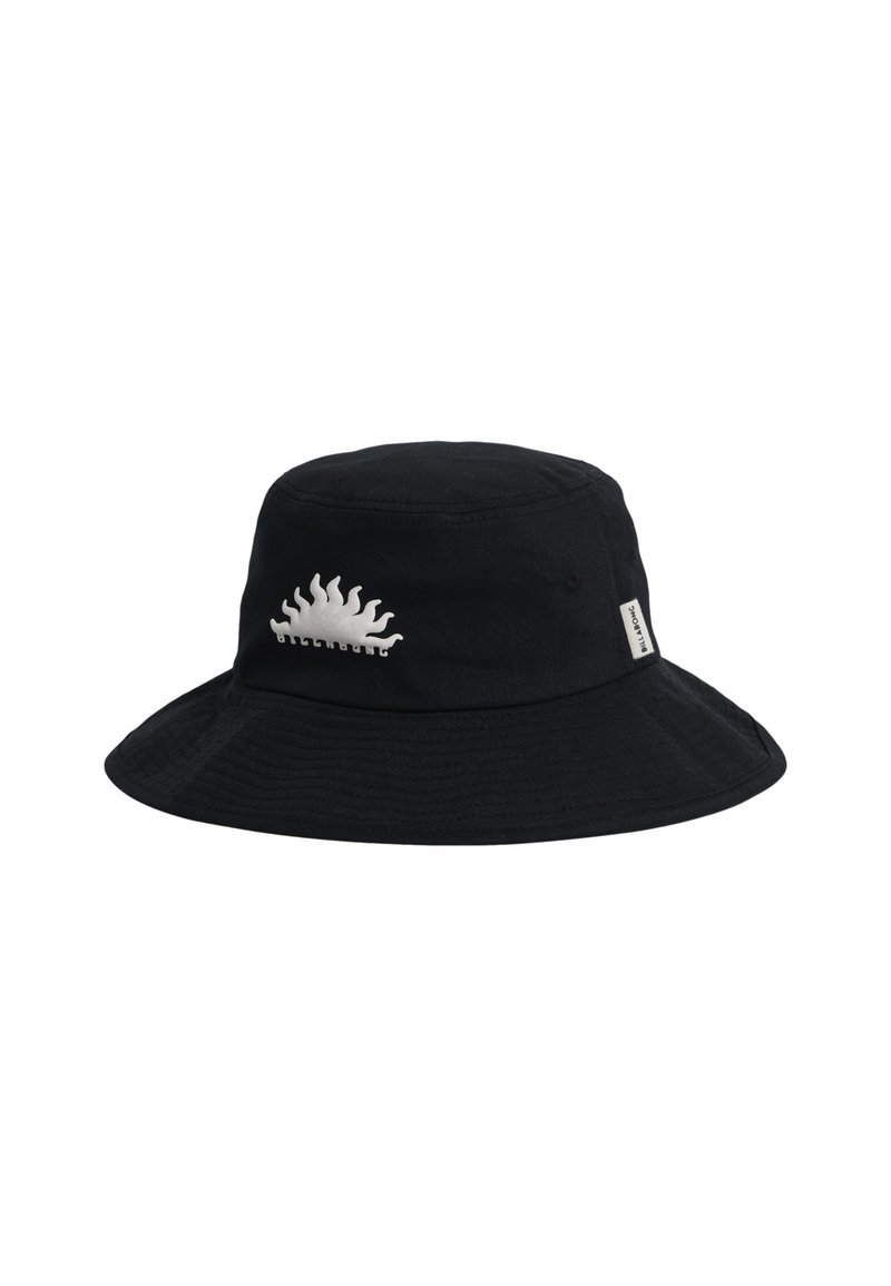 Black bucket hat made of canvas. Features a curved brim and a white sun graphic embroidered on the front. Side tag is visible.