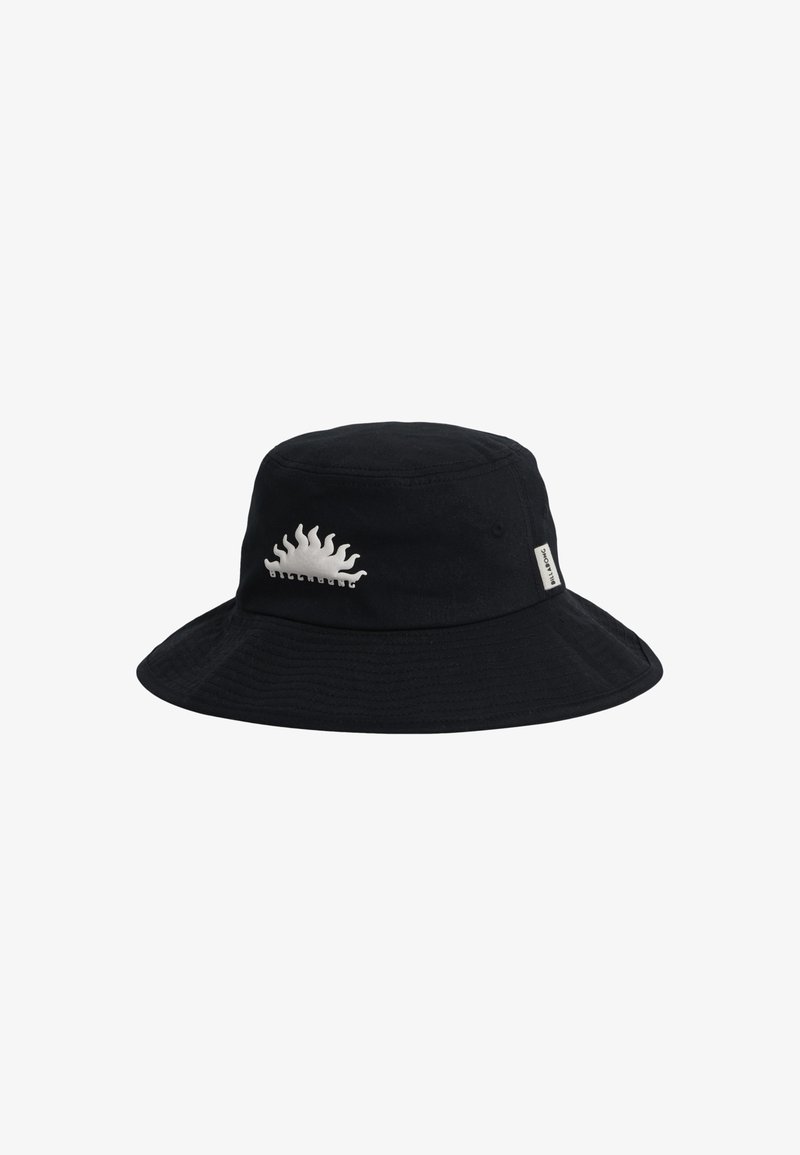 Black bucket hat made of canvas. Features a curved brim and a white sun graphic embroidered on the front. Side tag is visible.