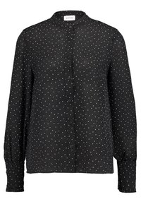 Schwarze, langärmelige Bluse aus leichtem Stoff, mit kleinen weißen Polka-Dots und einem Stehkragen, mit Knopfverschluss und gerafften Manschetten.