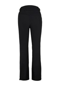 Black high-waist straight-leg pants with adjustable waistband straps and seam details on legs, shown from the back.