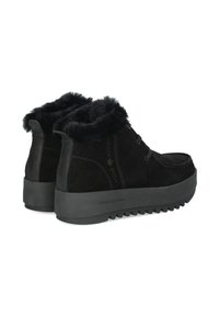 Schwarze Wildleder-Ankle-Boots mit Kunstfellfutter, abgerundeter Spitze, Schnürdesign und einer strukturierten Gummisohle für besseren Halt.