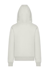 Kapucnis pulóver világos krém színben, puha anyagból készült. Rugalmas mandzsettákkal és alsó résszel rendelkezik, hátsó része varrat nélküli.