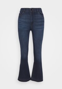 Jeans de mezclilla de color azul oscuro con corte acampanado, cinturilla de altura media, bolsillos frontales y detalles de costura a lo largo del dobladillo y las costuras.